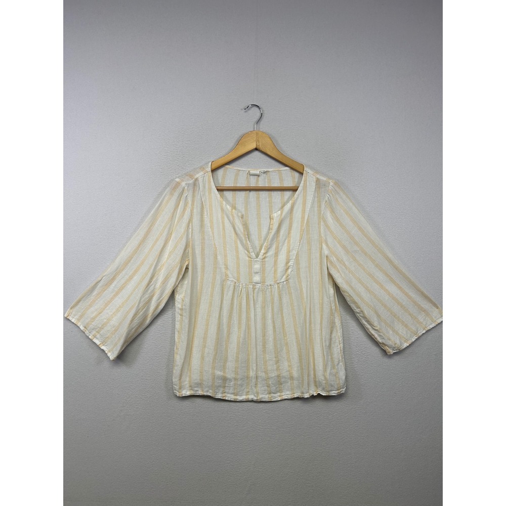 GAP Coastal Boho Linen Blend Womens Medium Yellow White Striped V-Neck Blouse